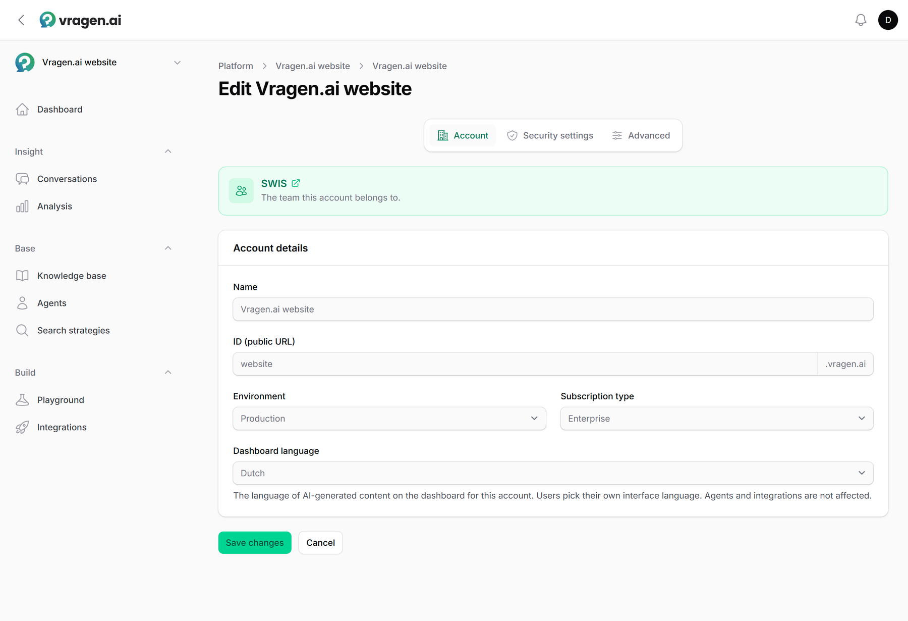 The Account tab of the settings: the environment's name, its public address and the dashboard language.