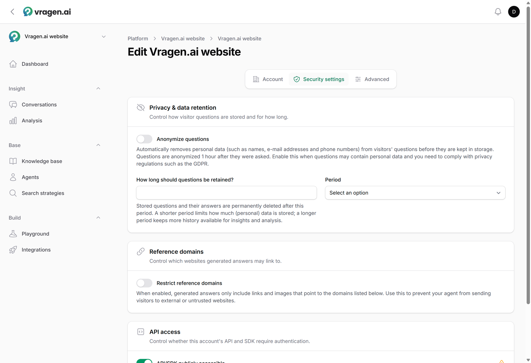 The Security settings tab: anonymizing questions, the retention period for questions, and restricting reference domains.