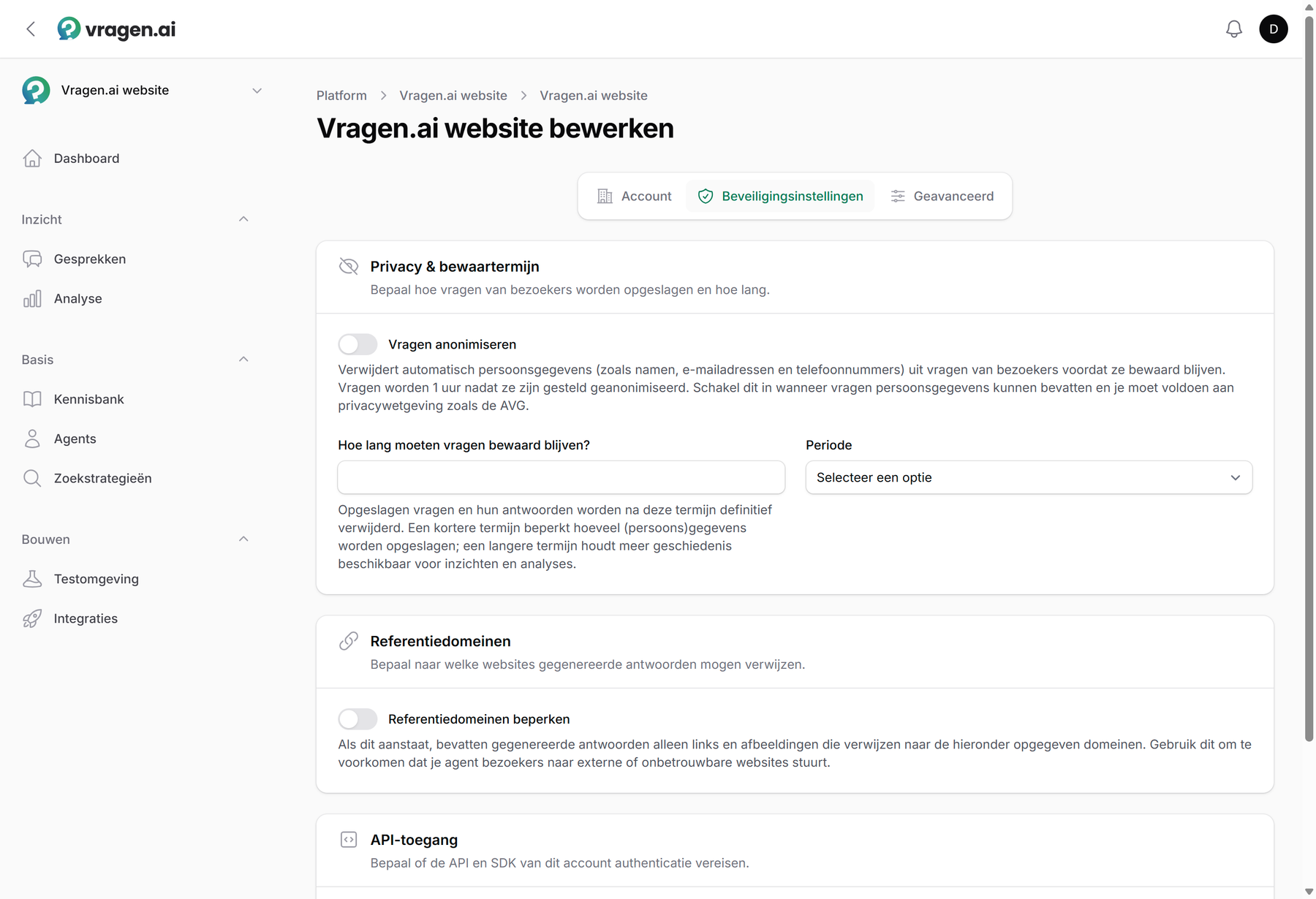 Het tabblad Beveiligingsinstellingen: vragen anonimiseren, de bewaartermijn voor vragen, en het beperken van referentiedomeinen.