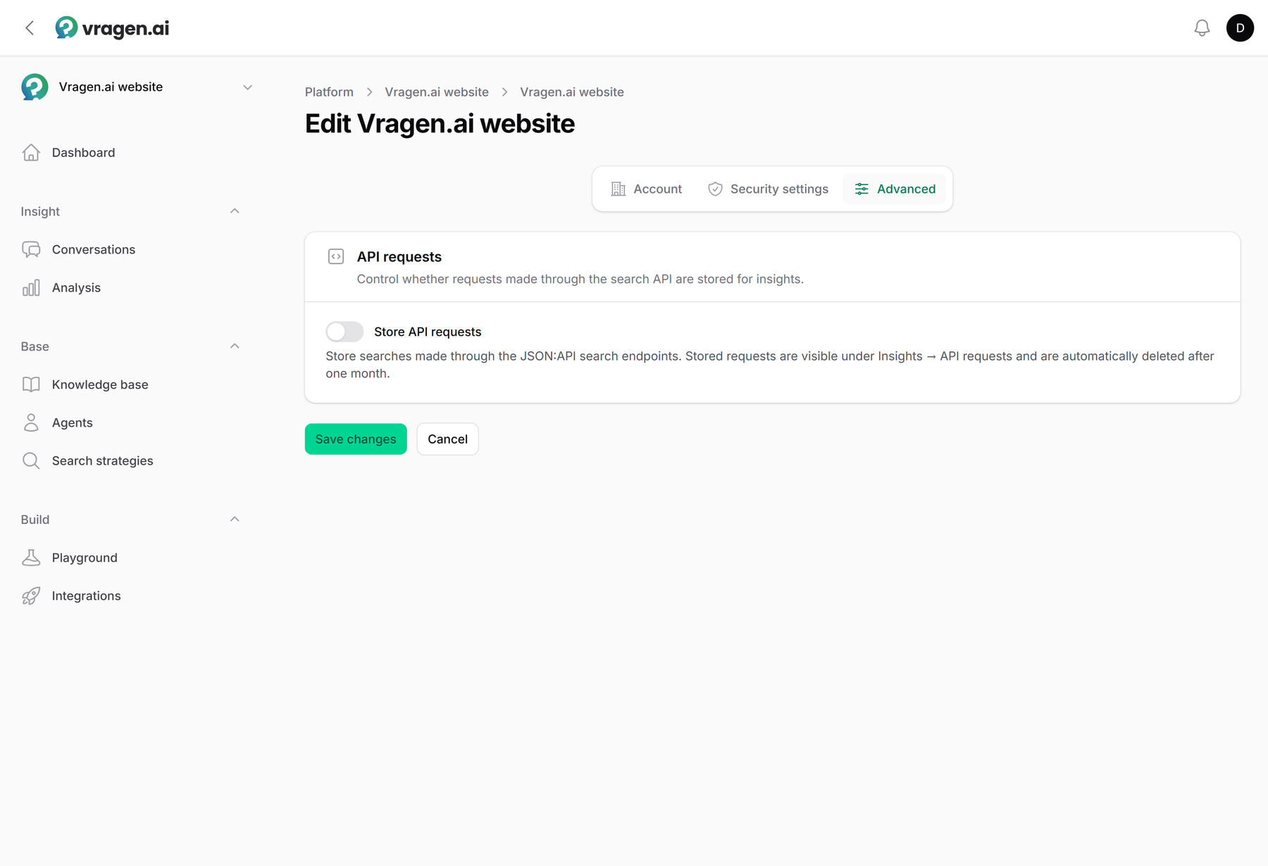 The Advanced tab of the settings: the switch to store search API requests for insight.