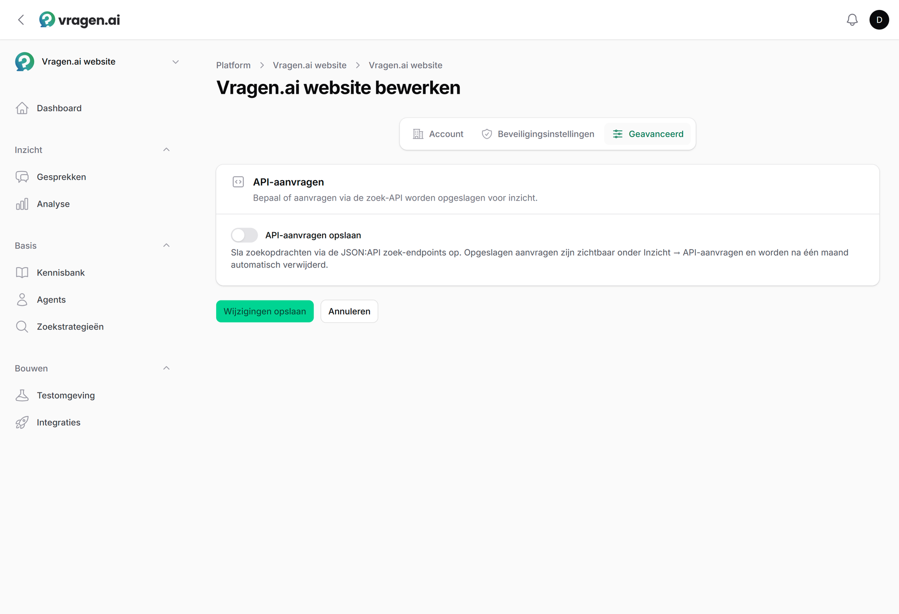 Het tabblad Geavanceerd van de instellingen: de schakelaar om zoek-API-aanvragen op te slaan voor inzicht.