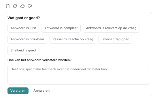 The feedback form below an answer, with option buttons such as 'Answer is correct' and 'Answer is complete', a text field for specific feedback and a Send button.