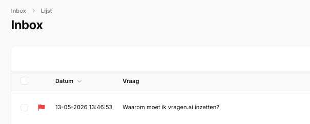 The vragen.ai inbox with a list of asked questions by date; one question is flagged with a red flag.