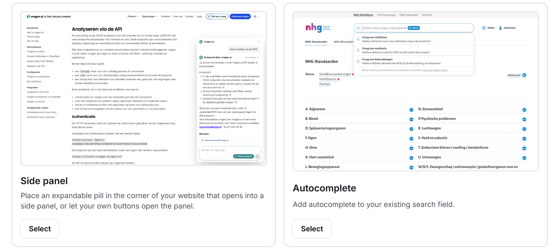 Two shape cards from the integration wizard, Side panel and Autocomplete, each with a live example of what that shape looks like on a website.