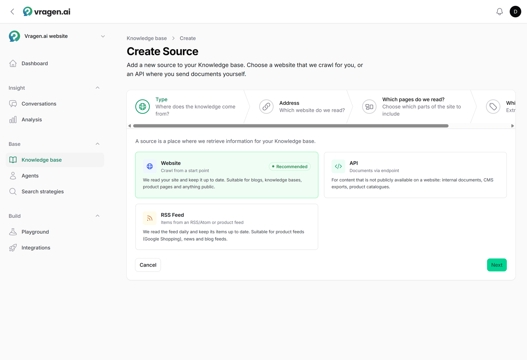 The Create source wizard: the choice between website, API or RSS feed, with the follow-up steps for the address and which pages take part at the top.