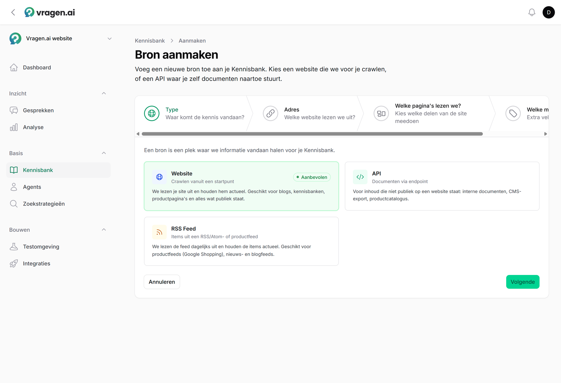 De wizard Bron aanmaken: de keuze uit website, API of RSS-feed, met bovenin de vervolgstappen voor het adres en welke pagina's meedoen.