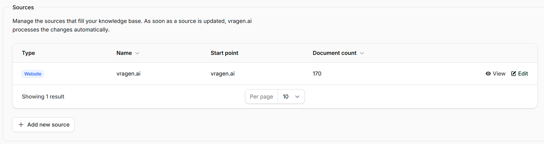 The Sources section in the knowledge base: the type, starting point and number of documents per source, with the Add new source button.