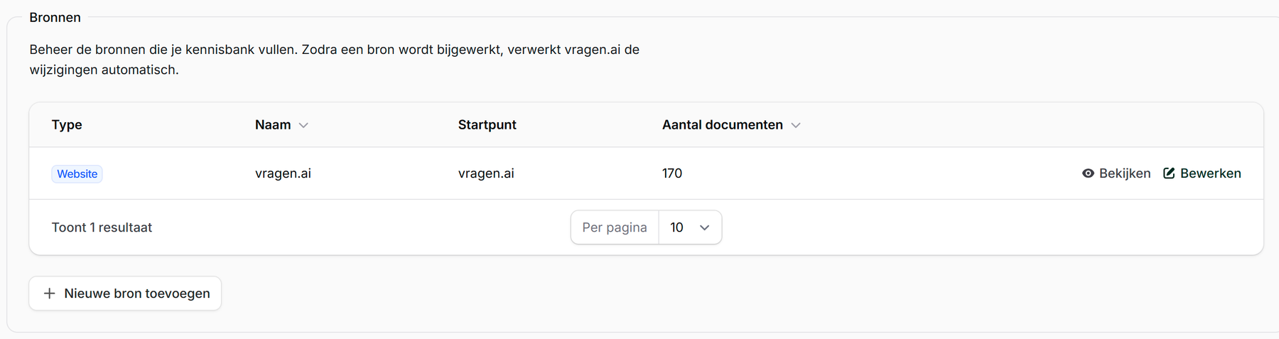De sectie Bronnen in de kennisbank: per bron het type, het startpunt en het aantal documenten, met de knop Nieuwe bron toevoegen.