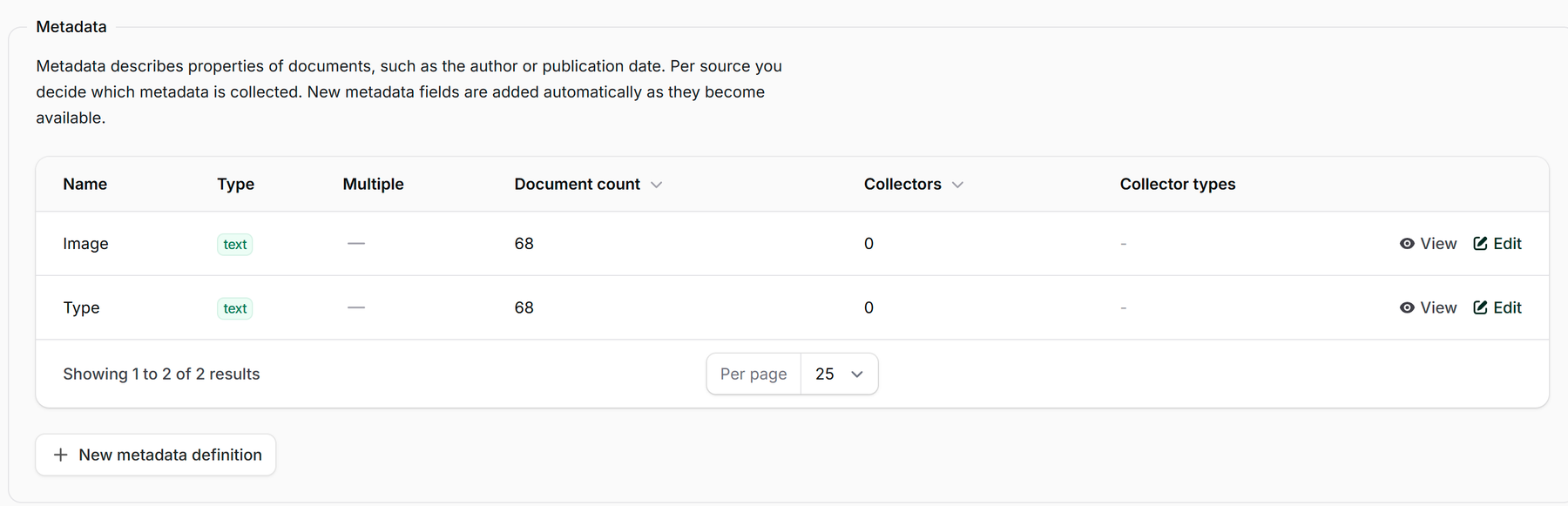 The Metadata section in the knowledge base: the type and the number of documents per field, with the New metadata field button.