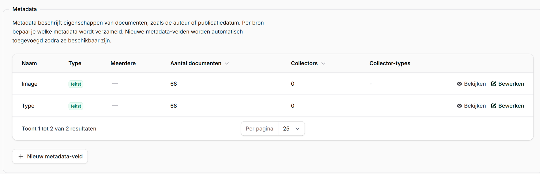 De sectie Metadata in de kennisbank: per veld het type en het aantal documenten waarin het voorkomt, met de knop Nieuw metadata-veld.