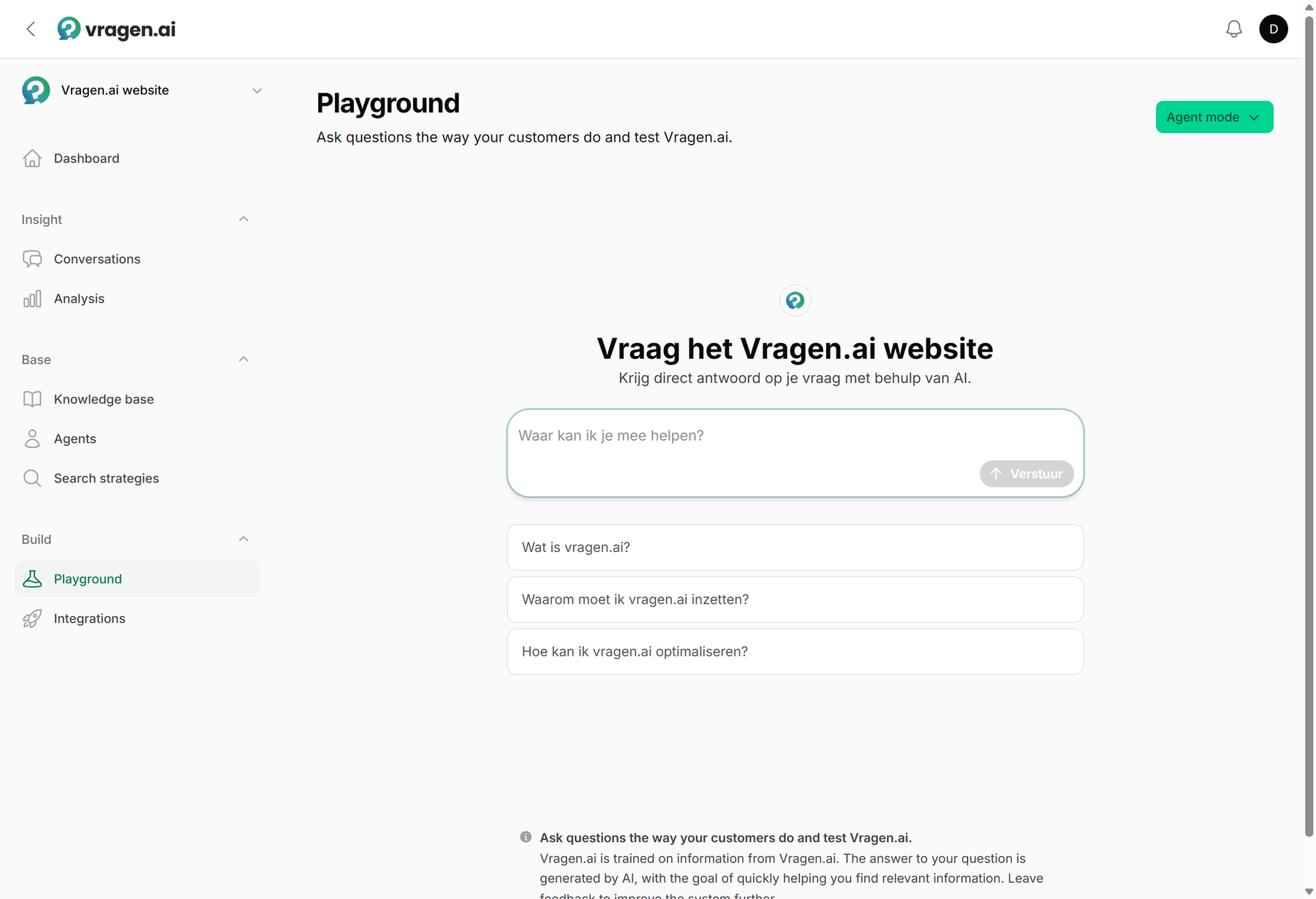 The playground in vragen.ai: the real widget with the environment's own knowledge base, with the variant switch at the top.