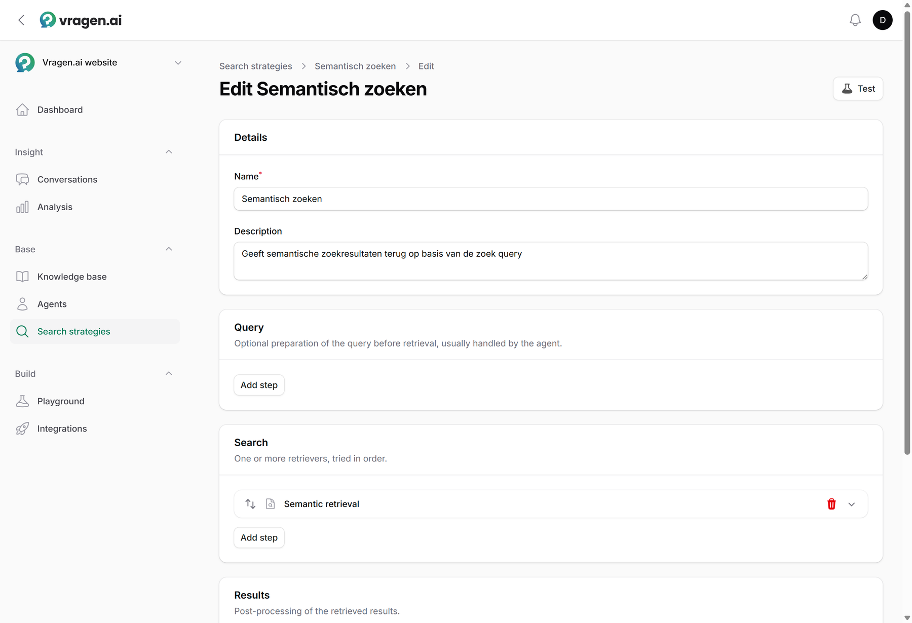 The search strategy builder with the three steps Query, Search and Results, a button to add blocks per step, and the Test button at the top right.