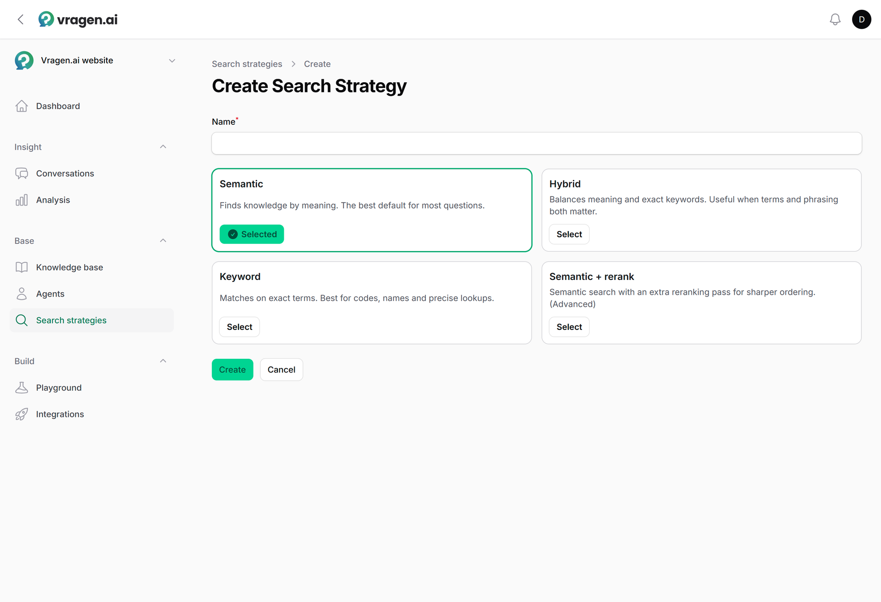 The Create search strategy wizard with the four starting points: Semantic, Hybrid, Keyword and Semantic + rerank, each with a short note on when to pick it.