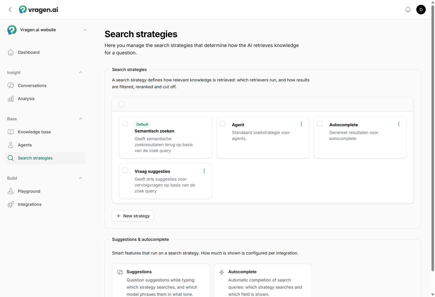 The Search strategies module in vragen.ai, with the environment's strategies and the configurations for suggestions and autocomplete.