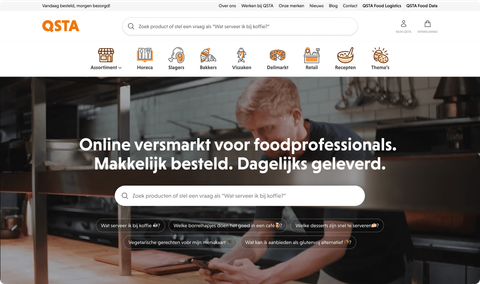 De QSTA-homepage met de zoekbalk van vragen.ai en voorbeeldvragen voor foodprofessionals