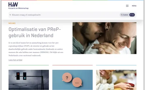 De website van Huisarts & Wetenschap met een zoekbalk waarin je een vraag of zoekopdracht kunt typen, en een aparte AI-knop naast de zoekknop