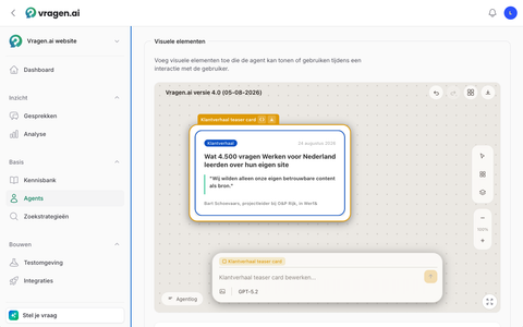 De Widget Builder in vragen.ai: onder Visuele elementen staat een klantverhaal-kaart over Werken voor Nederland, met daaronder het veld om de widget verder te bewerken.
