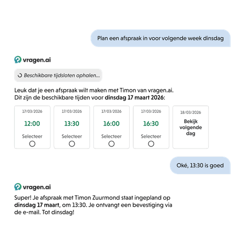 Gesprek in de widget waarin een afspraak wordt ingepland: de bezoeker kiest een tijdslot en krijgt direct een bevestiging.