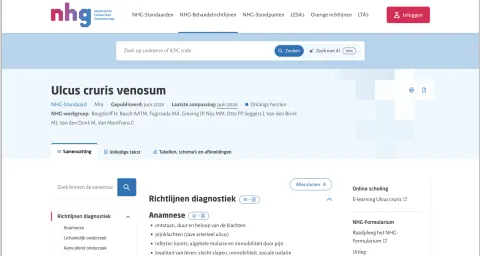 De website met de NHG-richtlijnen, met bovenin de zoekbalk en de knop 'Zoek met AI (beta)' naast een geopende NHG-Standaard